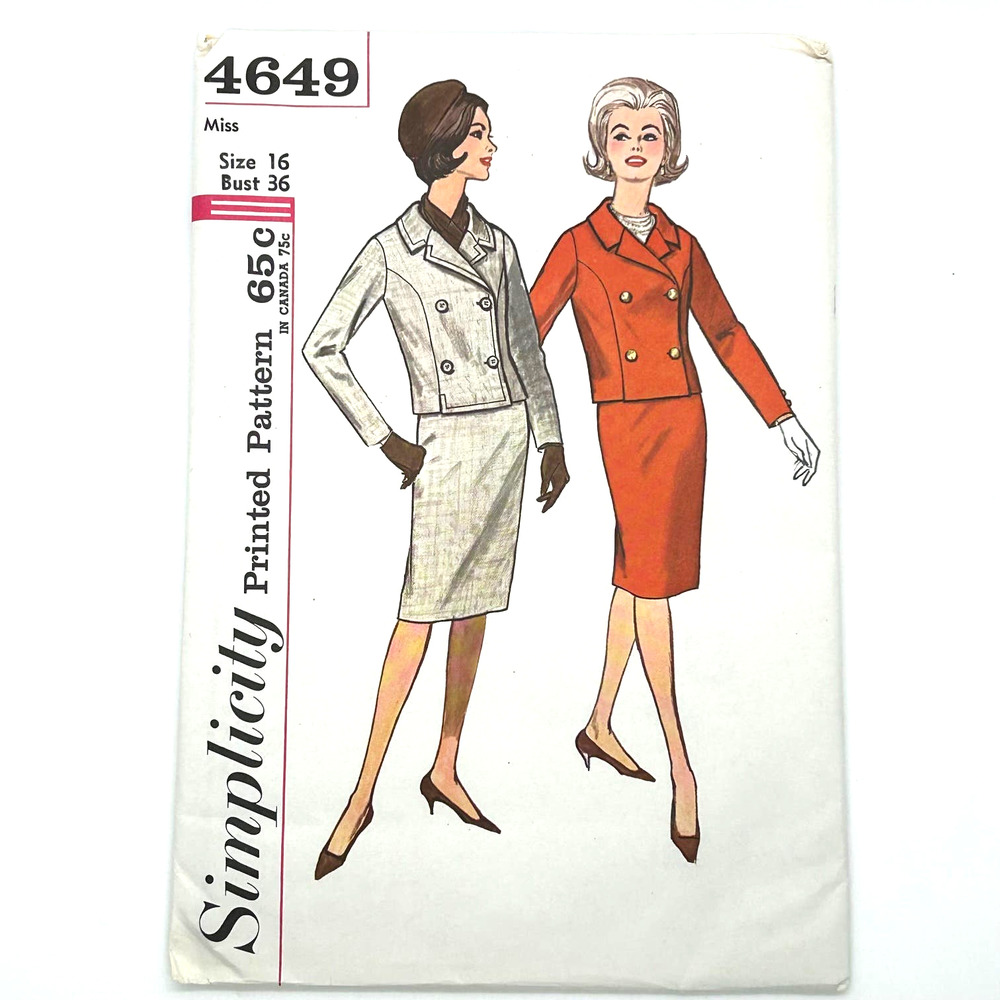 Simplicity Vintage 1960's Pattern #4649‎ Junior Misses Skirt Jacket Suit Size 16